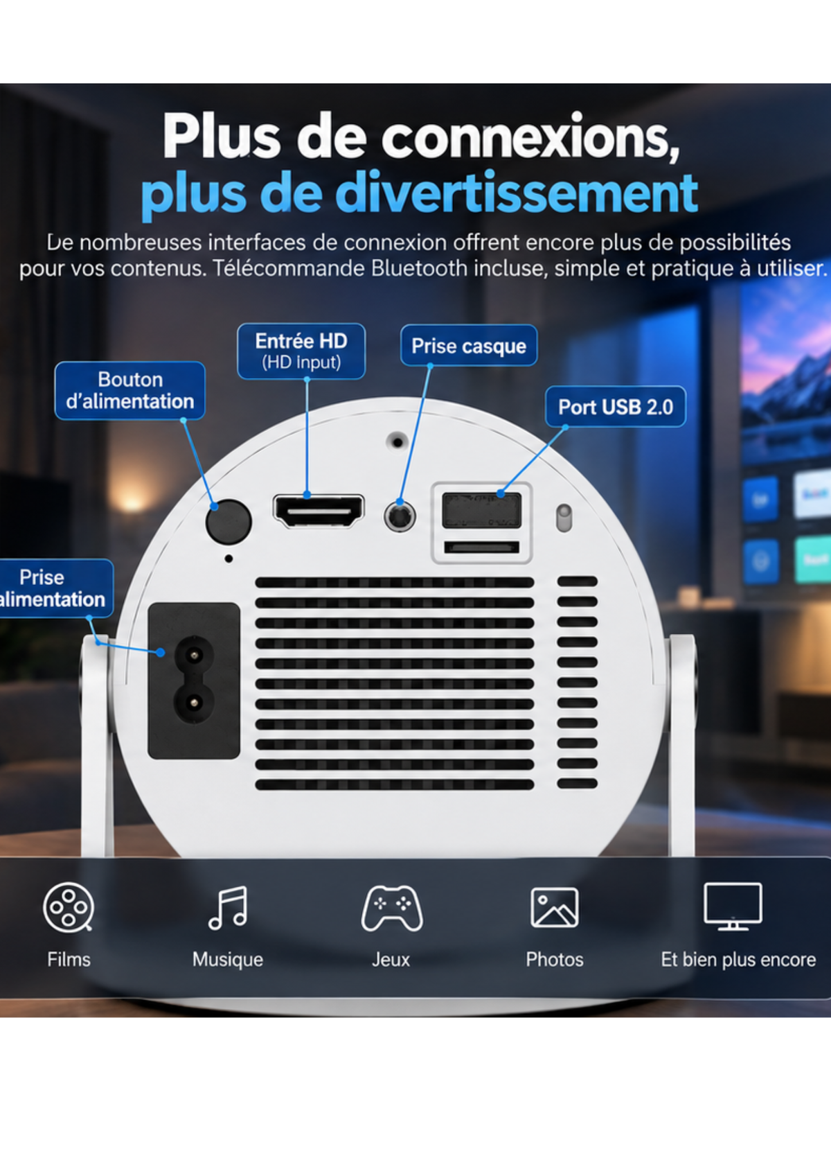 Vidéoprojecteur Portable 180° – Transformez votre intérieur en cinéma
