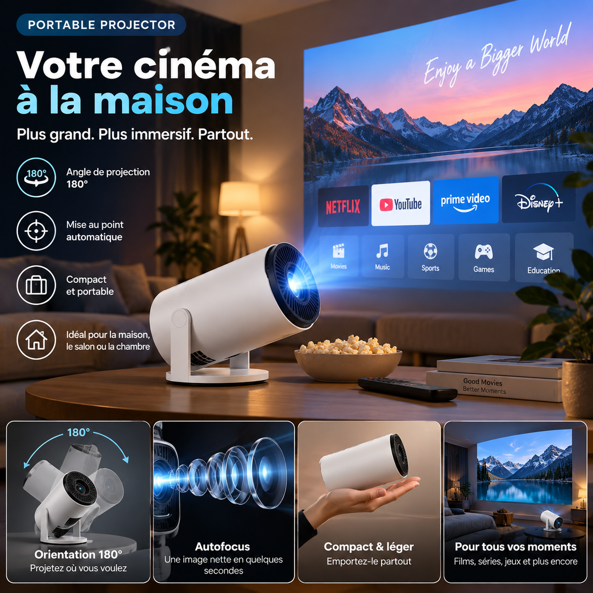 Vidéoprojecteur Portable 180° – Transformez votre intérieur en cinéma